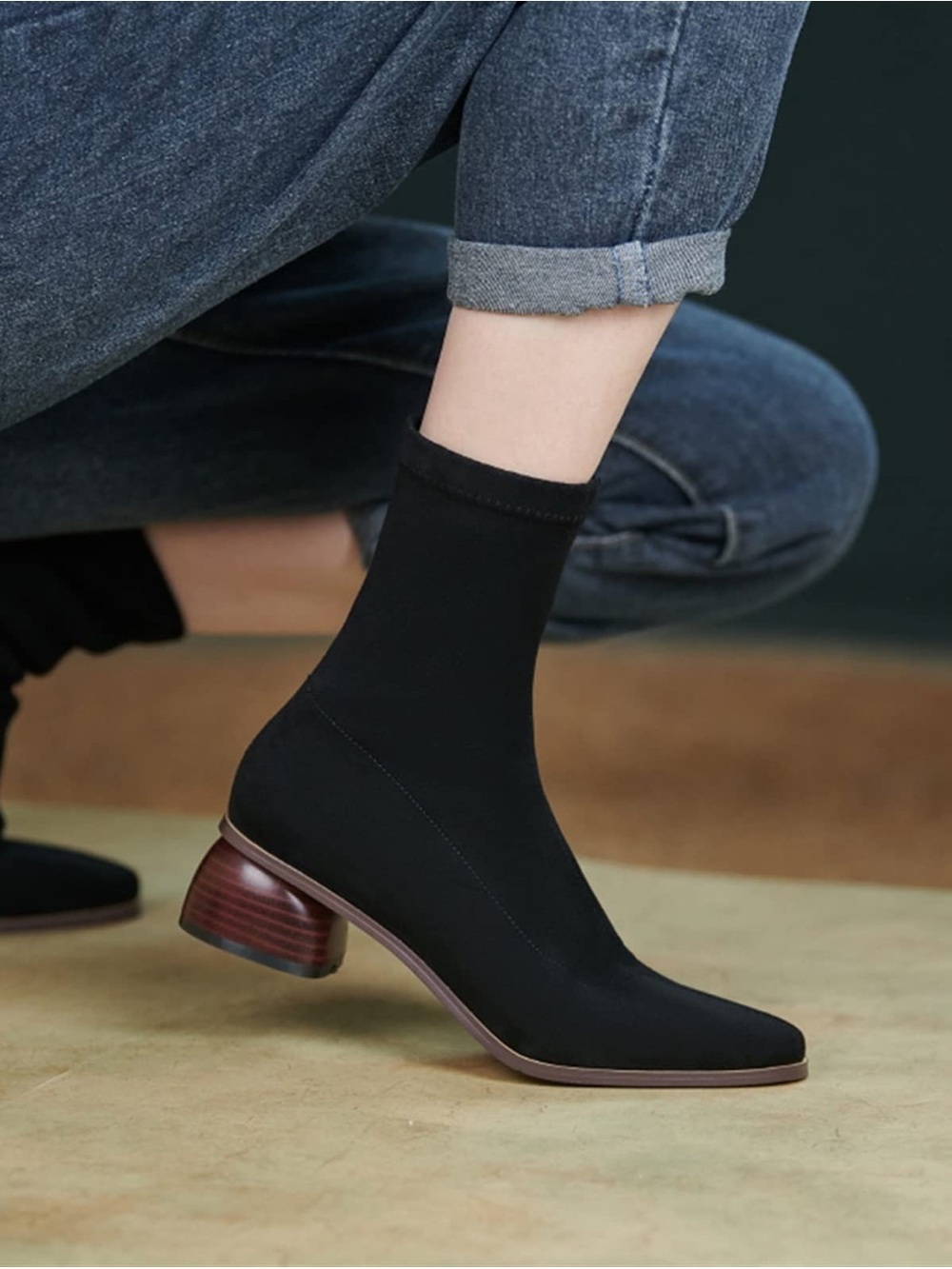 Handmade Vintage Black Velvety Sock Boot Round Block Heel Size 7